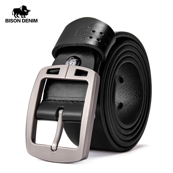 

bison denim genuine leather men's belt vintage pin buckle accessories male belts gift designer belt men jeans n70781, Black;brown