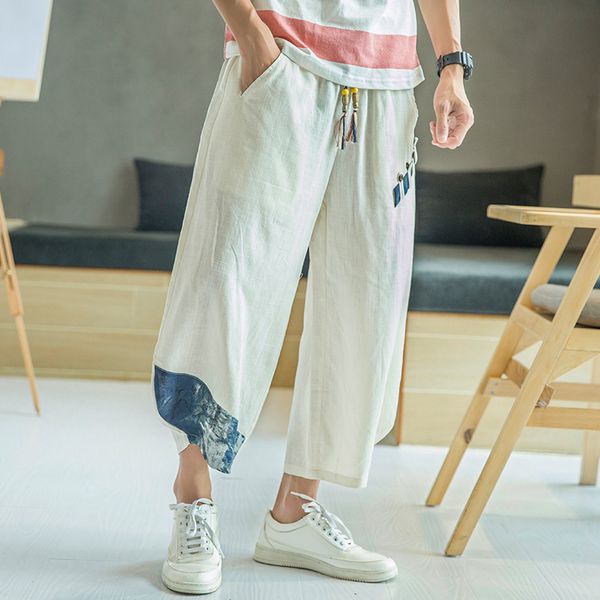 

men's casual summer beach wide-leg pants 2020 new cropped harem trouser plus size loose solid color cotton linen, Black