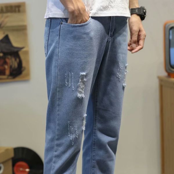 

blue men, elastic thin hole straight leg jeans