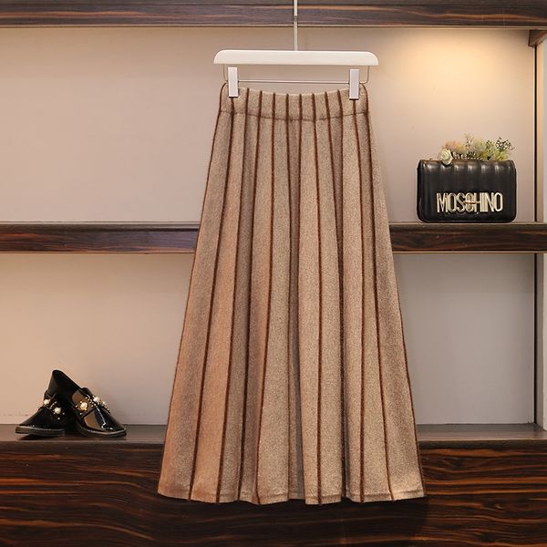 

women solid color pleated knited skirt autumn winter warm plus size casual vintage slim midi elastic high waist loose wild skirt, Black