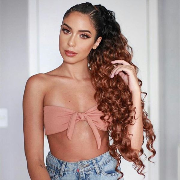 

colorful ombre 2 tone cosplay ponytail hair extension kinky curly human hair one piece clip in warp around pony tail black/red
