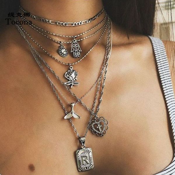 

tocona punk multi-layer rose cross pendant necklace for women heart hand aircraft fishtail letter geometry gold jewelry 9500, Silver