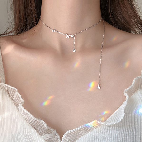 

ramos shiny cubic zircon butterfly long chain tassel necklace 925 silver clavicle chain necklace choker for women gift, Golden;silver