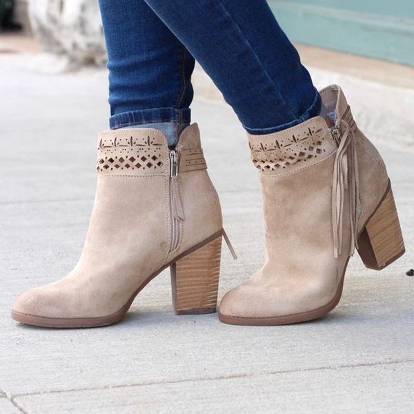 

puimentiua autumn and winter platform ankle boots tassel women boots high heel boot big size pointed suede and thick heels shoes, Black