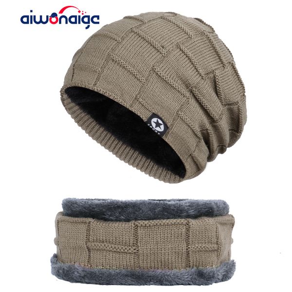 

2019 new winter men's hat scarf warm five-star plus velvet suit men's knit hat ski mask peas cotton turban cap bib, Blue;gray