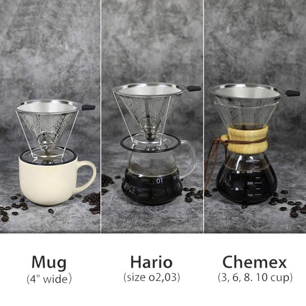 

pour over coffee dripper, stainless steel cone with stand reusable paperless pour over coffee maker for 1-4 cup