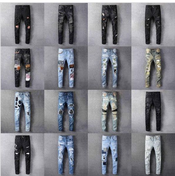 

2020 амири мужские проблемных разорвал байкер джинсы мотоциклов slim-подходят джинсы для мужчин дизайнер мода хип-хоп человек брюки хорошая, Blue