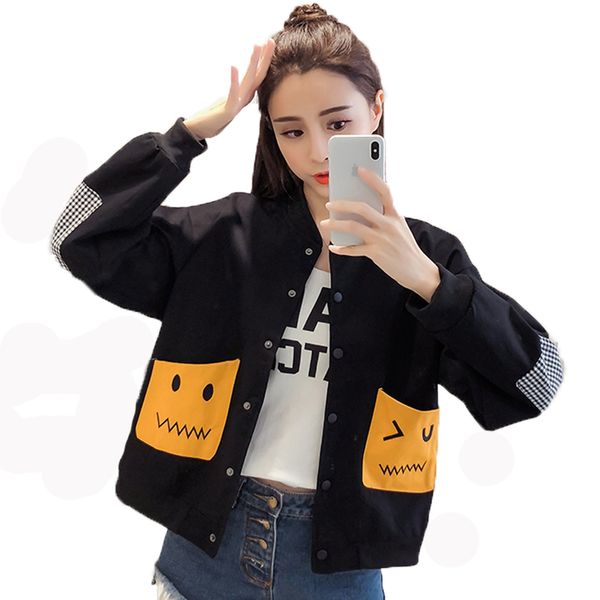 

women's jacket 2019 autumn new harajuku female korean the short loose color stitching patch baseball uniform jacket students, Black;brown