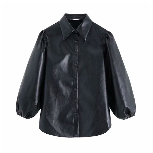

women chic pu leather black blouse single breasted lantern sleeve office wear female shirt solid blusas, White