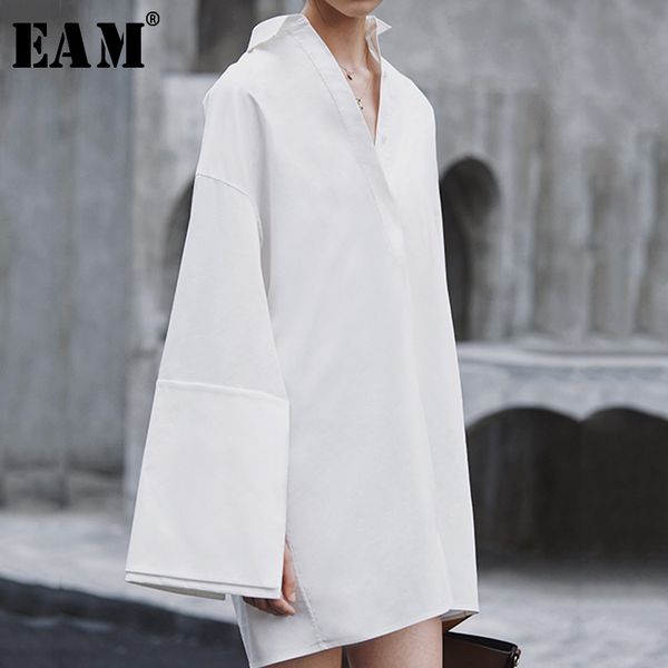 

eam] 2020 new spring autumn turn-down collar long sleeve spliced loose big size temperament dress women blouse fashion jx816, White
