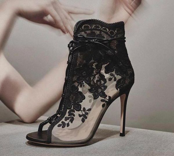 

горячие продажи черный белый кружева ботильоны peep toe шнуровке гладиатор дамы взлетно-посадочной полосы пинетки вырез на высоком каблуке с, Black