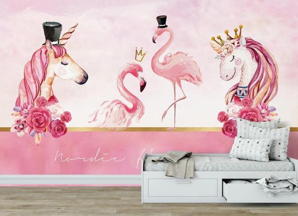 

nordic children's wallpaper uniocorn flamingo wall mural 3d custom carton p wall papers roll waterproof contact paper