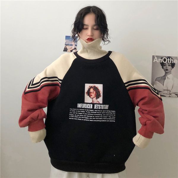 

new autumn and winter hip-hop women's korean velvet thick turtleneck stitching sweatershirts female, Black