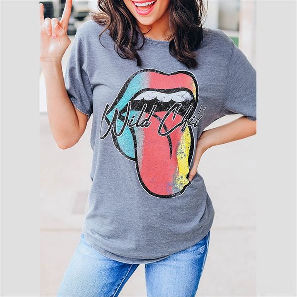 

shiying short-sleeved t-shirt 2020 loose lip print pattern round collar shiying short-sleeved t-shirt women's 2020 loose lip print patt, White
