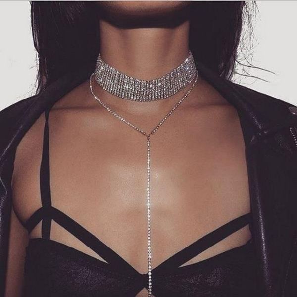 

new rhinestone choker necklace luxury statement crystal chokers necklaces for women chunky neck accessories fashion jewellery, Golden;silver