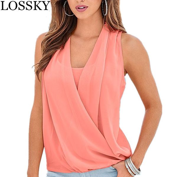 

lossky solid chiffon patchwork sleeveless blouse casual v neck women summer basic blouses shirts femme elegant blusas 2019, White