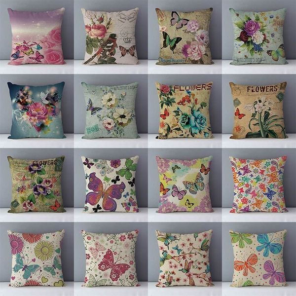 

quality printed colored butterfly vintage flower retro couch cushion home decorative pillows cotton linen pillowcase 45x45cm qx