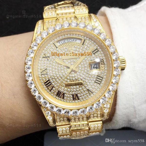 

full big diamond watch iced out watch eta 2836 automatic 41mm gold men silver waterproof 316 stainless steel set 4 diamond, Bronze;slivery