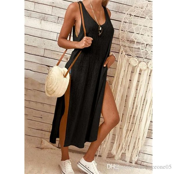 

womens solid color fashion slit dress summer sleeveless loose short sleeve roun neck dress, Black;gray