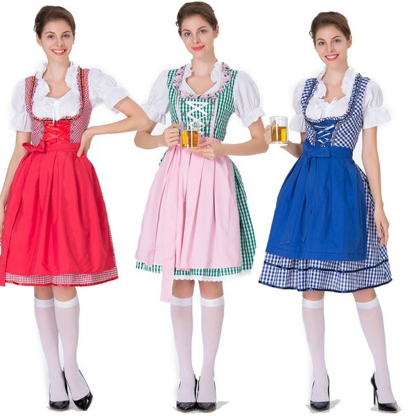 

new german beer maid costume women oktoberfest dirndl dress plaid bow halloween party outfit plus size xxxl, Black;red