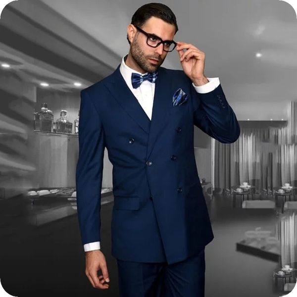 

custom made navy blue men suits for wedding groom tuxedo double breasted man blazer jacket peaked lapel 2piece costume homme terno masculino, Black;gray
