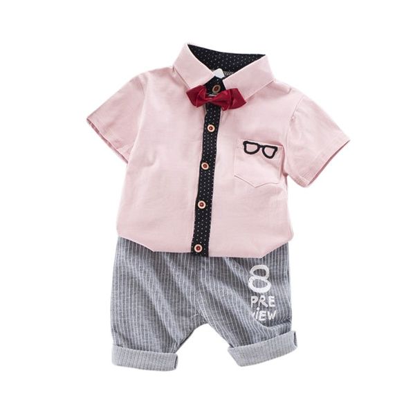 

boys clothes summer set boys formal clothes glasses pattern bow t-shirts+ stripe solid color pants, White
