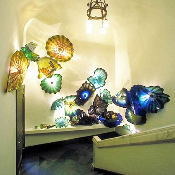 

chihuly style murano flower glass plates wall arts multi color luxury 100% hand blown glass hanging plates irregular wave shape