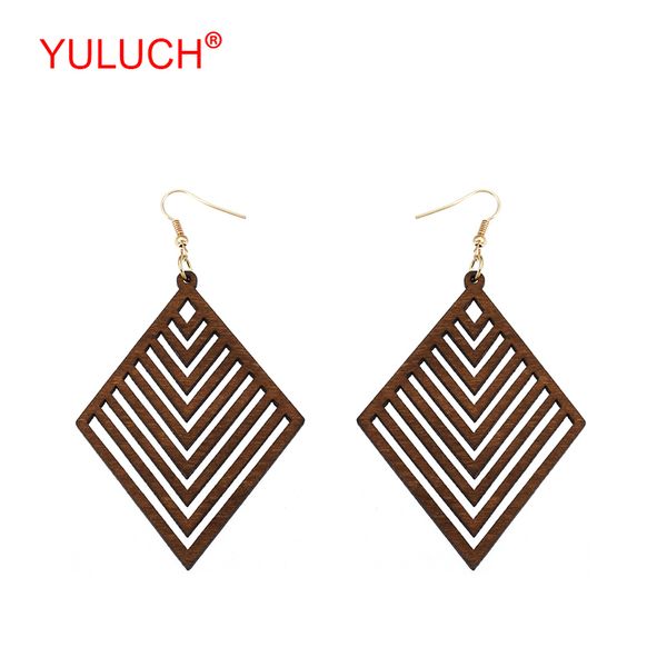

yuluch vintage ethnic woman jewelry earrings natural handmade wooden geometric rhombus hollow out regular stripe accessories, Silver