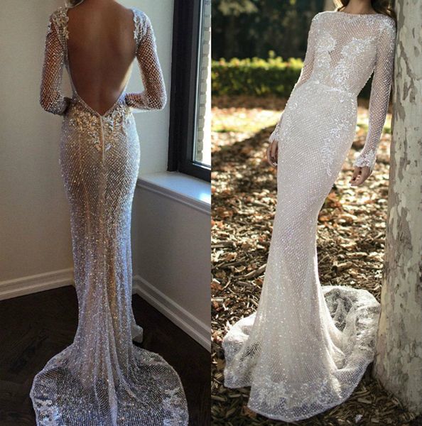 

роскошные berta bling свадебные платья оболочка бато шеи с длинным рукавом свадебные платья ажурные кружева русалка свадебное платье кристал, White