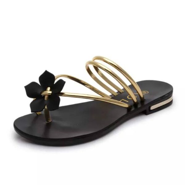 

2020 new fashion women sandals sweet flower girls slippers summer girl's flat strap women's sandals metal woman shoes, Black