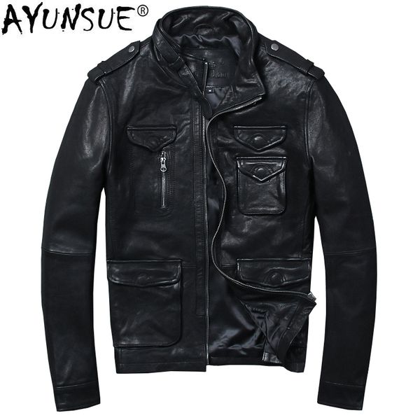 

ayunsue men's leather jacket motorcycle goatskin coat genuine leather jacket men slim korean vintage jackets 2019 013hl kj2306, Black