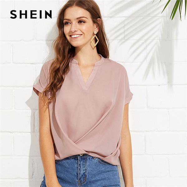 

shein pink elegant workwear draped v neck stand collar short sleeve solid blouse summer women weekend casual shirt top, White
