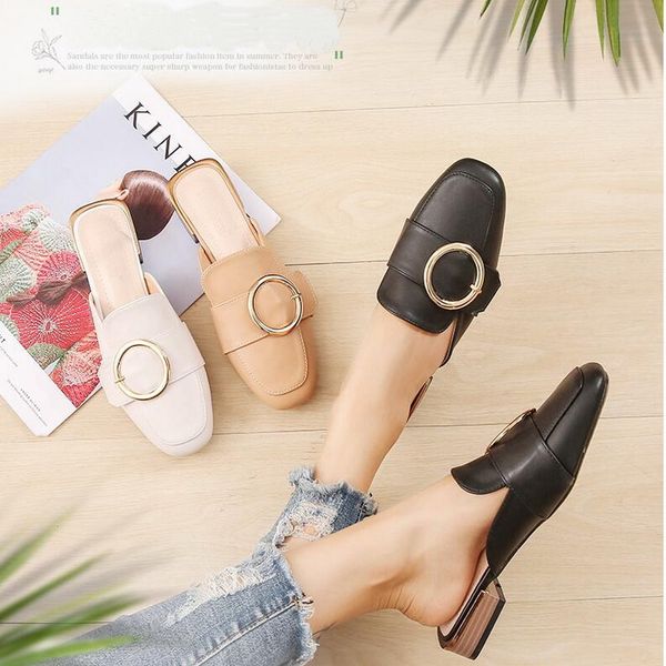 

selling round buckle square head half - drag sandals with women's shoes, Black