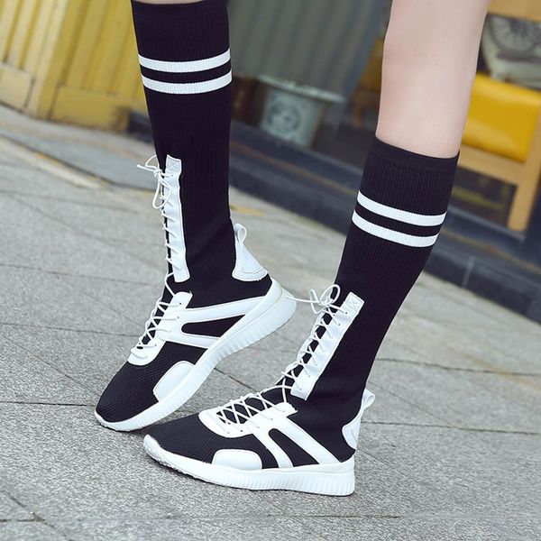 

elastic socks boots women fashion high tube lace- up casual socks shoes woman high breathable winter shoes women botas feminina, Black