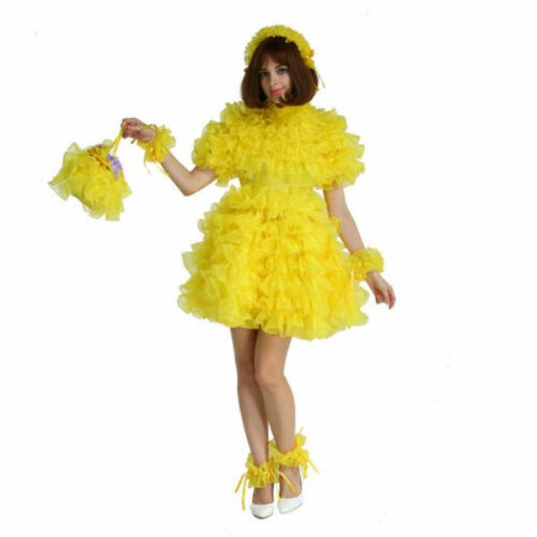 

sissy girl maid lockable yellow organza puffy dress uniform crossdress, Black;red