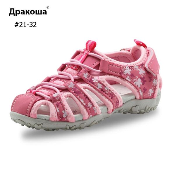 

apakowa girl sandals cartoon style butterfly print summer sandals hook&loop toddler arch support for children's shoes, Black;red