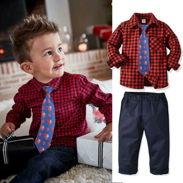 

2-9years newborn baby boy christmas clothes sets plaid t-shirt +tie +long pants outfits formal set, White