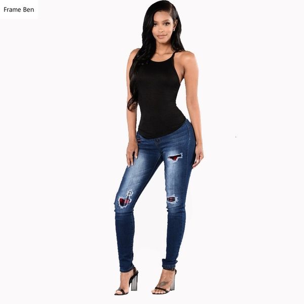 

women new skinny ripped knee hole bandage jeans 2019 summer autumn solid ciolor high waist stretch slim pencil trouser, Blue