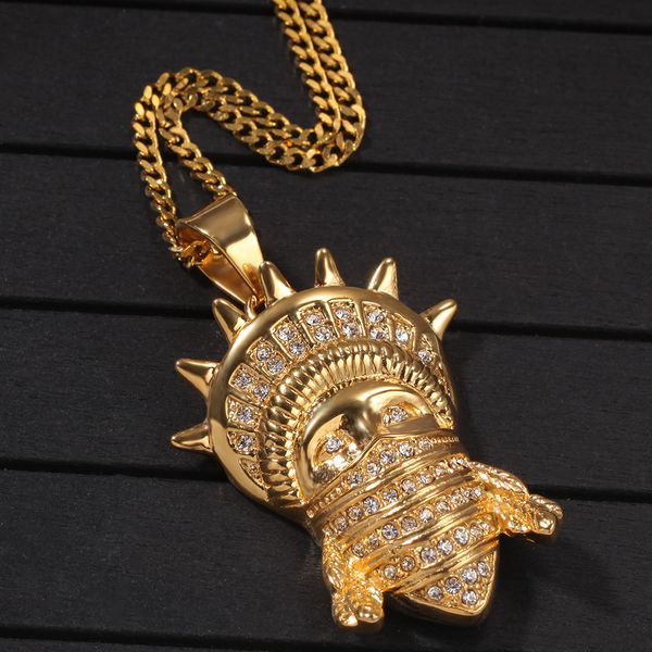 

new diamond stainless steel mens cartoon masked statue of liberty pendant necklace bijoux bling hip hop rapper jewelry gifts for guys, Silver