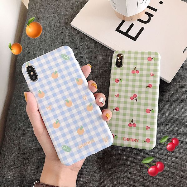 

for iphone xr xs max phone case literary plaid fruit cherry orange 6 7 8 x plus cover tpu soft cell phone cases