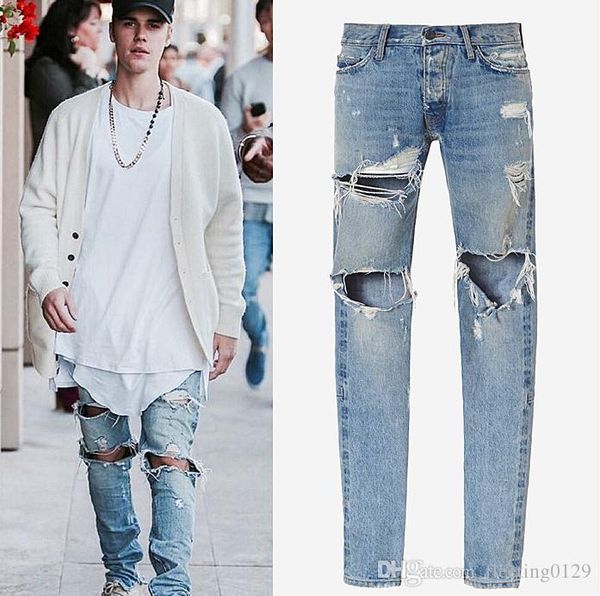 

известные торговые марки дизайнер канье justin bieber men jeans fear of god рваные джинсы blue rock star mens комбинезон дизайнер denim male