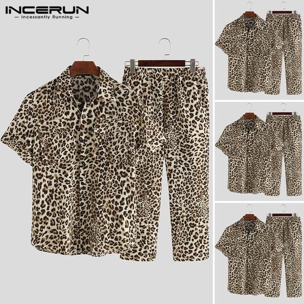 

men's tracksuits 2021 summer men leopard printed sets casual short sleeve long pants chic party pockets shirts fashion suits streetwear, Gray