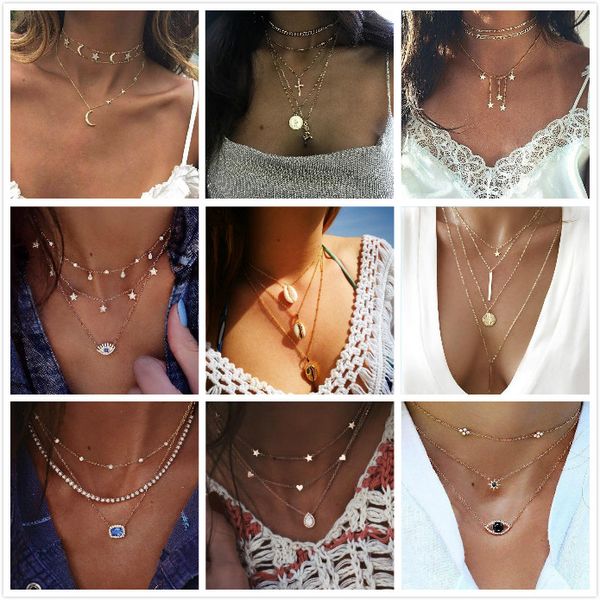 Neue Mode Halsband Doppelhorn Halskette Halbmond Wasser Tropfen Stern Mond Halskette Halsreifen Boho Schmuck Minimal Freundin Geschenk Epacket