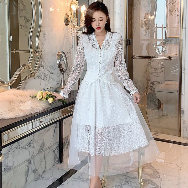 

spring 2020 new style lace women's 2 suit french flounced long sleeve gauze skirt two piece set, White