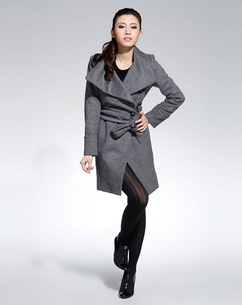 

2019 winter long wool coat elegant plus size grey coat long women outwear belted jackets solid color #n3, Black