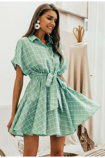 

simplee elegant plaid sashes women dress short sleeve a-line casual streetwear female short dress button summer dress 2019, Black;gray