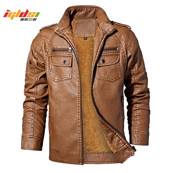 

men's winter leather jackets autumn business casual thicken fleece coats male fashion motorcycle outwear faux leather jacket, Black