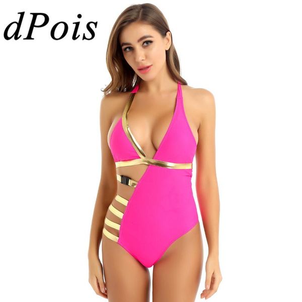 

womens monokini swimwear one-piece asymmetrical halter neck backless side hollow out padded push up bodysuit beach wear, Black;white