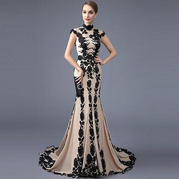 

tanpell elegant evening dress high neck cap sleeves appliques woman party gown floor length mermaid evening dress, White;black