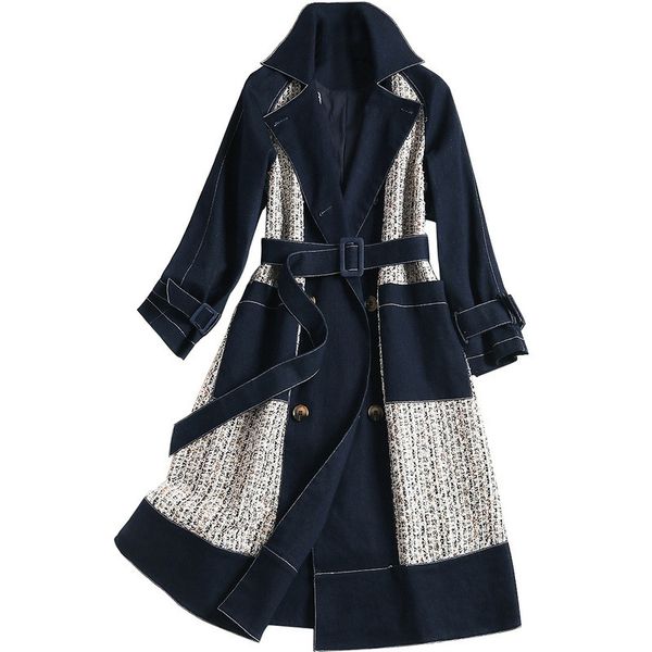 

2019 winter long outer color patchwork mid-calf woolen wind coat sashes slim office work casual denim trench, Tan;black